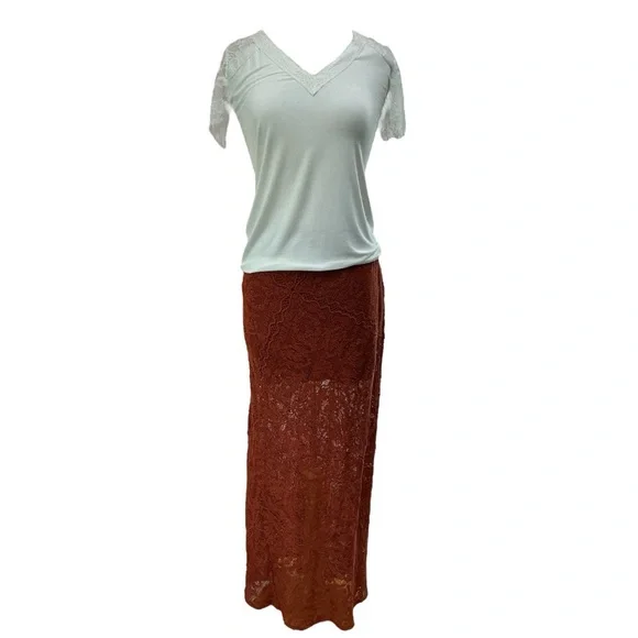 Jen’s Pirate Booty skirt LACE‎ rust long layer over mini skirt MAXI ($270) M MED